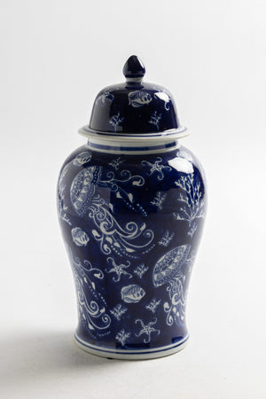 Jarrón decorativo de porcelana azul y blanca tema marino