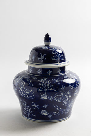 Jarrón decorativo de porcelana azul y blanca tema marino